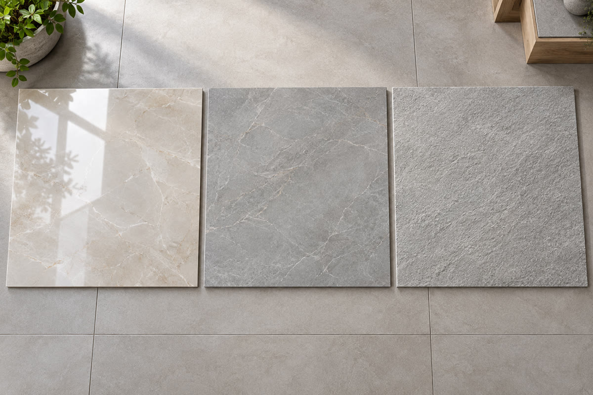 Ba kiểu bề mặt gạch 80x80 bóng, matt và nhám nhẹ đặt cạnh nhau