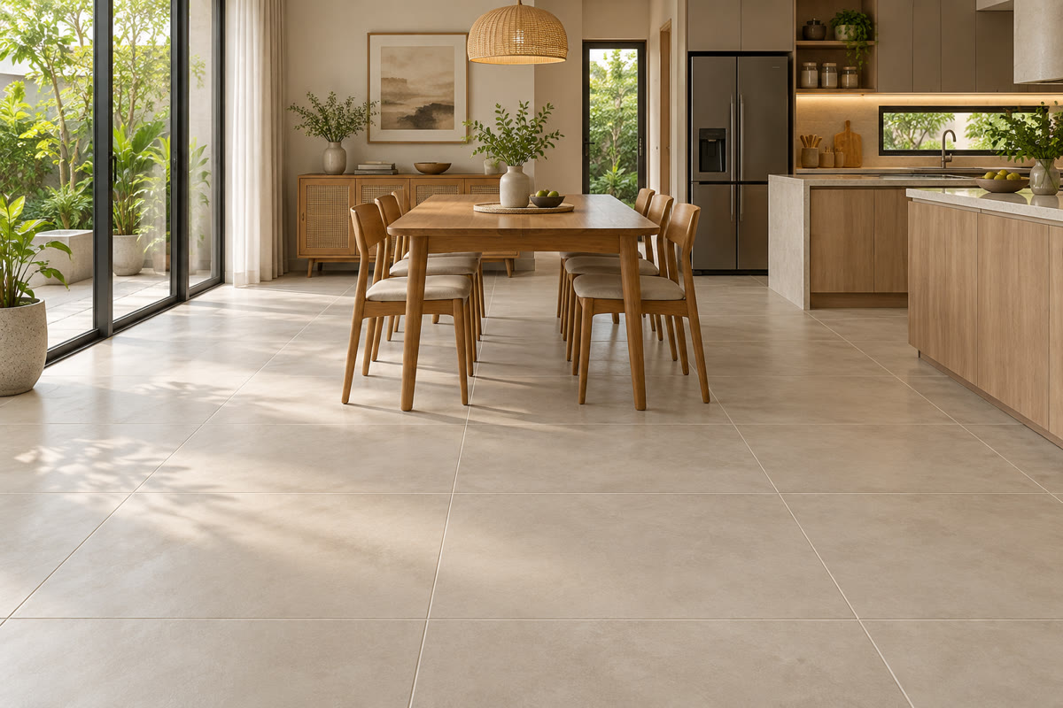 Không gian bếp và phòng ăn sử dụng gạch 80x80 bề mặt matt màu trung tính