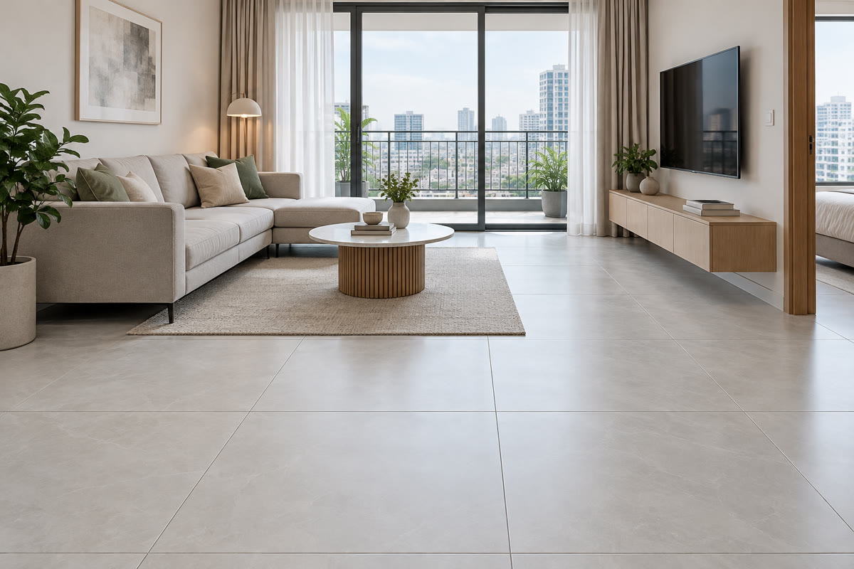Phòng khách nhỏ sử dụng gạch 80x80 màu sáng và ít đường ron