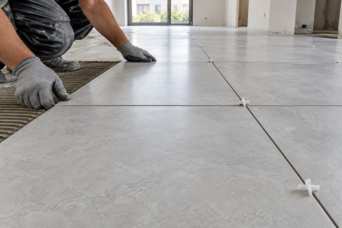 Thi công gạch 80x80 với lưới ron thẳng và dụng cụ căn chỉnh